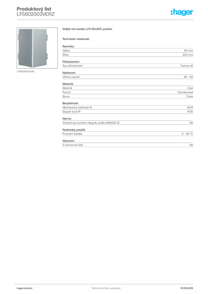 Obrázek Hager Produktový list LFS602003VERZ | Hager