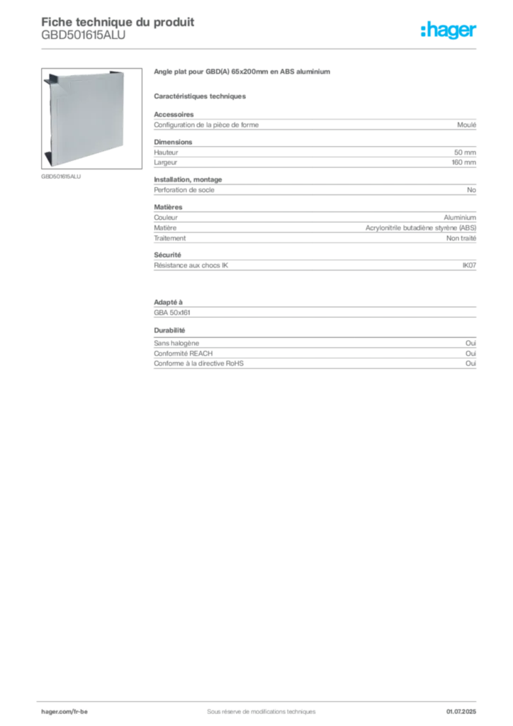 Image Hager Fiche technique du produit GBD501615ALU | Hager Belgique