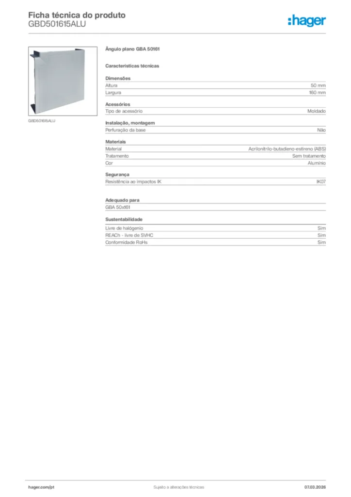 Imagem Hager Ficha técnica do produto GBD501615ALU | Hager Portugal