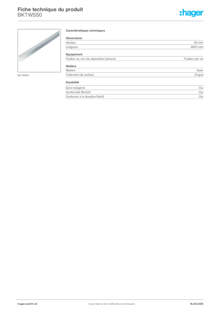 Image Hager Fiche technique du produit BKTWS50 | Hager Suisse