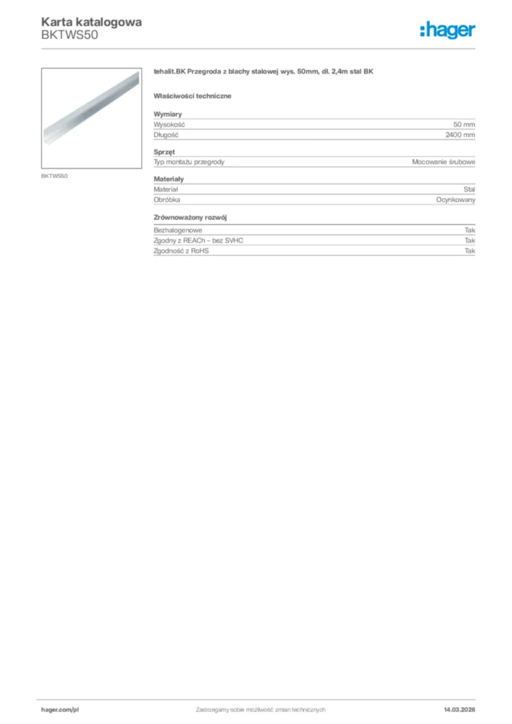 Zdjęcie Hager Karta katalogowa BKTWS50 | Hager Polska