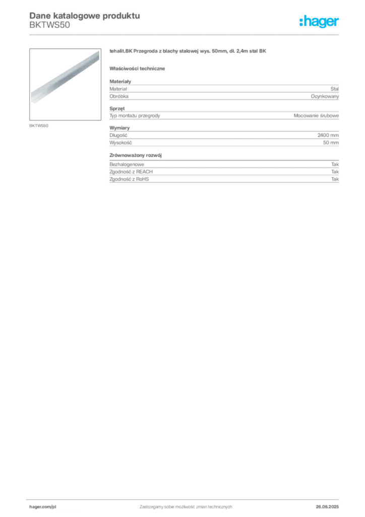 Zdjęcie Hager Karta katalogowa BKTWS50 | Hager Polska