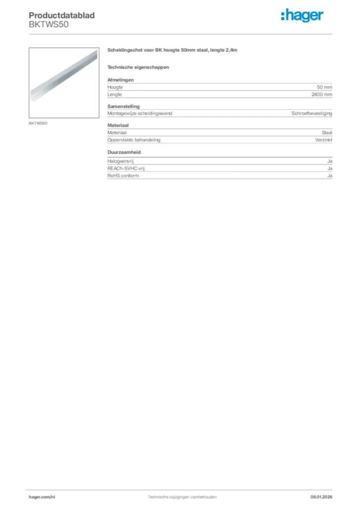 Afbeelding Hager Productdatablad BKTWS50 | Hager Nederland