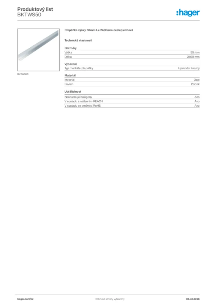 Obrázek Hager Product data sheet BKTWS50 | Hager
