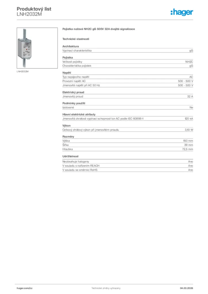 Obrázek Hager Product data sheet LNH2032M | Hager