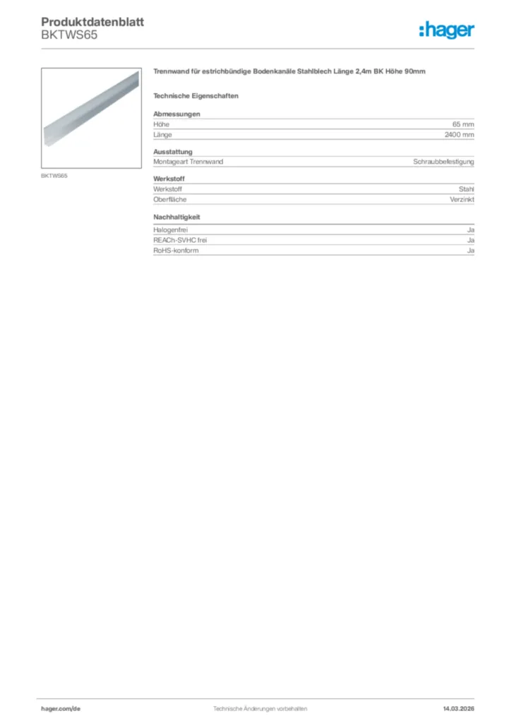 Bild Hager Produktdatenblatt BKTWS65 | Hager Deutschland