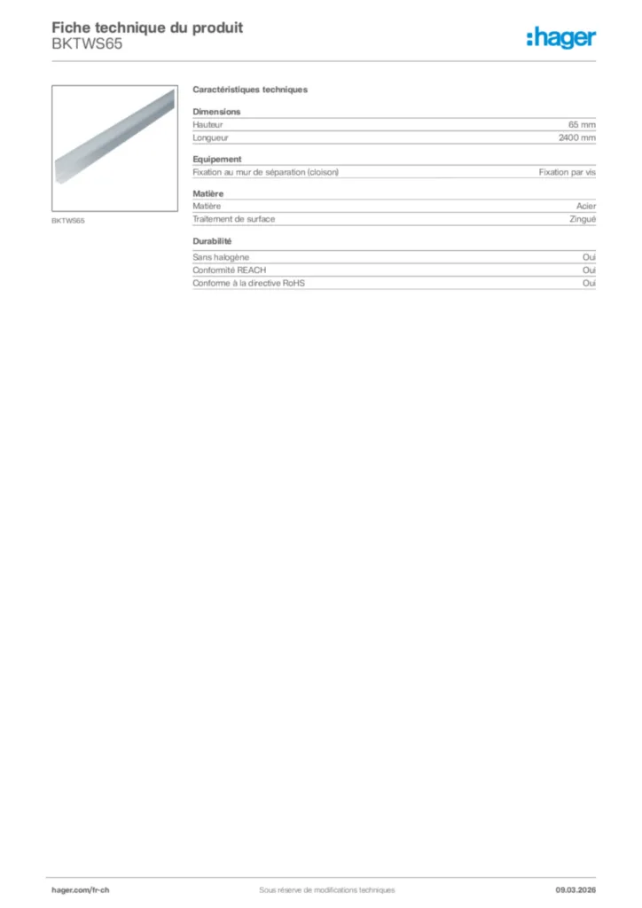 Image Hager Fiche technique du produit BKTWS65 | Hager Suisse