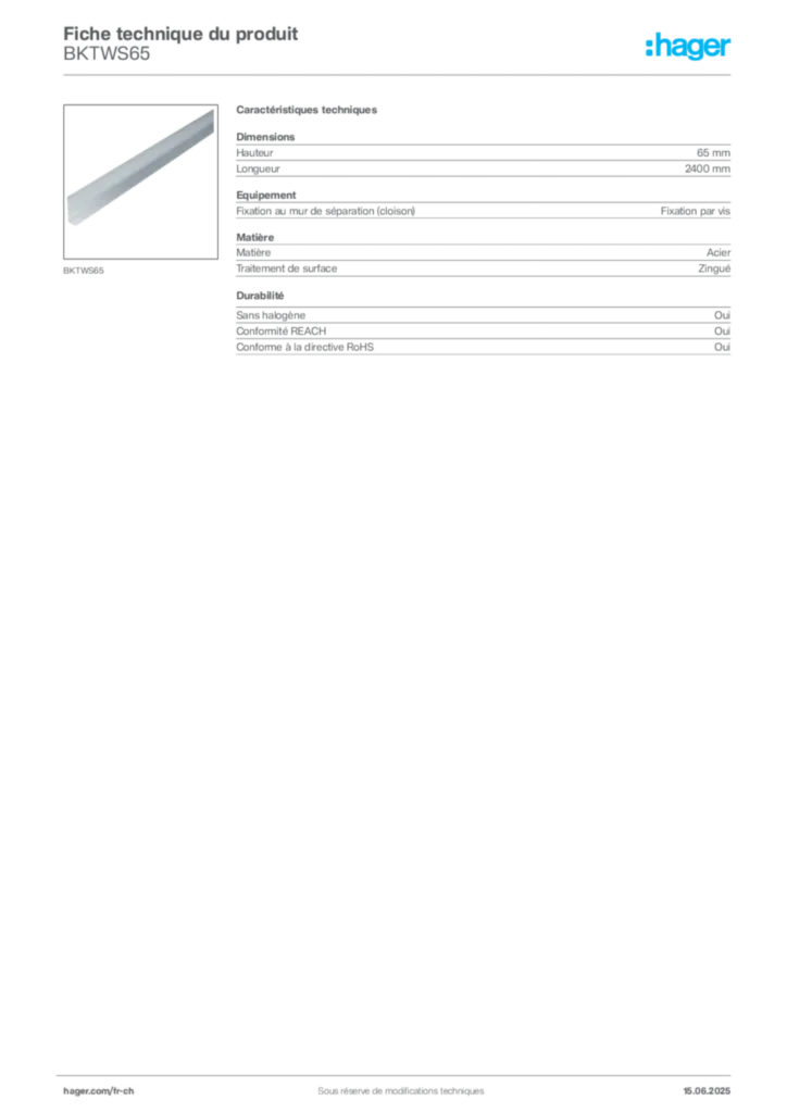Image Hager Fiche technique du produit BKTWS65 | Hager Suisse