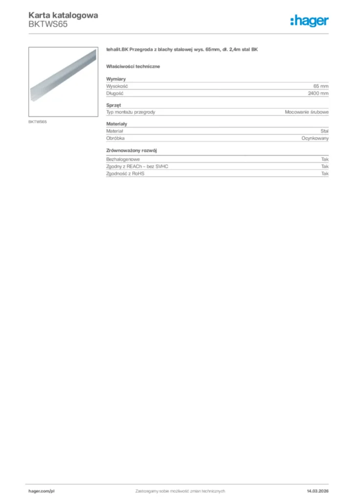 Zdjęcie Hager Karta katalogowa BKTWS65 | Hager Polska