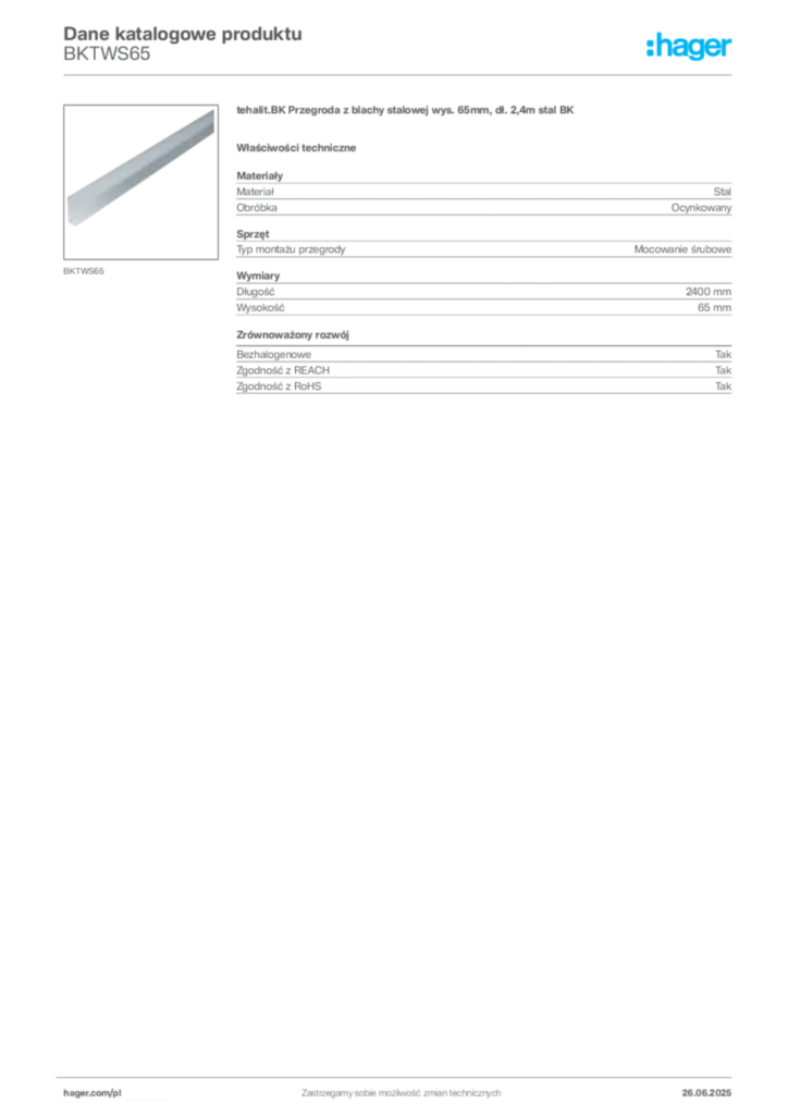 Zdjęcie Hager Karta katalogowa BKTWS65 | Hager Polska