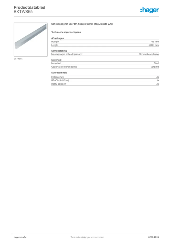 Afbeelding Hager Productdatablad BKTWS65 | Hager Nederland