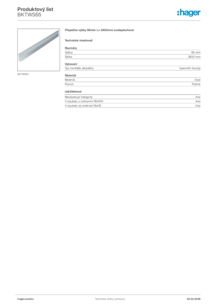Obrázek Hager Product data sheet BKTWS65 | Hager