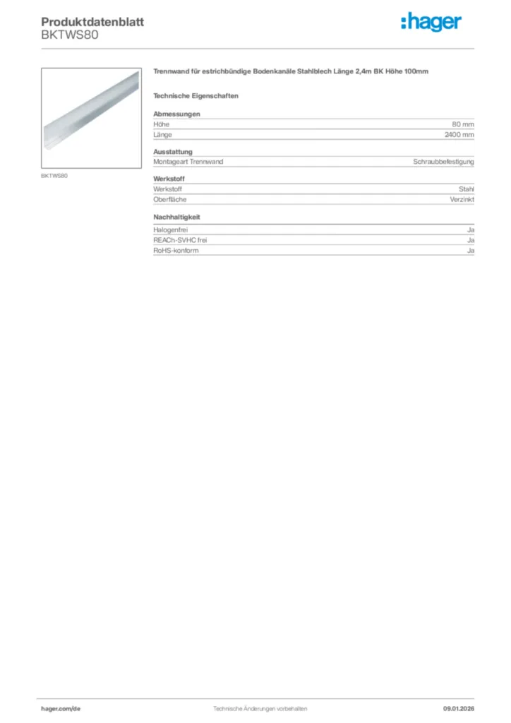 Bild Hager Produktdatenblatt BKTWS80 | Hager Deutschland