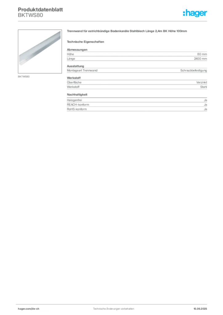 Bild Hager Produktdatenblatt BKTWS80 | Hager Schweiz
