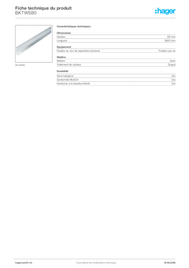 Image Hager Fiche technique du produit BKTWS80 | Hager Suisse