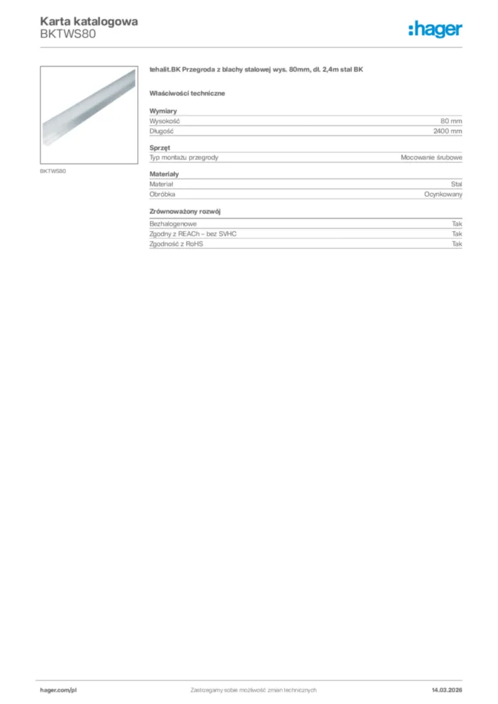 Zdjęcie Hager Karta katalogowa BKTWS80 | Hager Polska