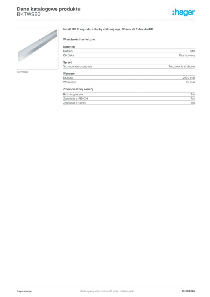 Zdjęcie Hager Karta katalogowa BKTWS80 | Hager Polska