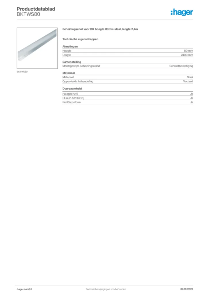 Afbeelding Hager Productdatablad BKTWS80 | Hager Nederland