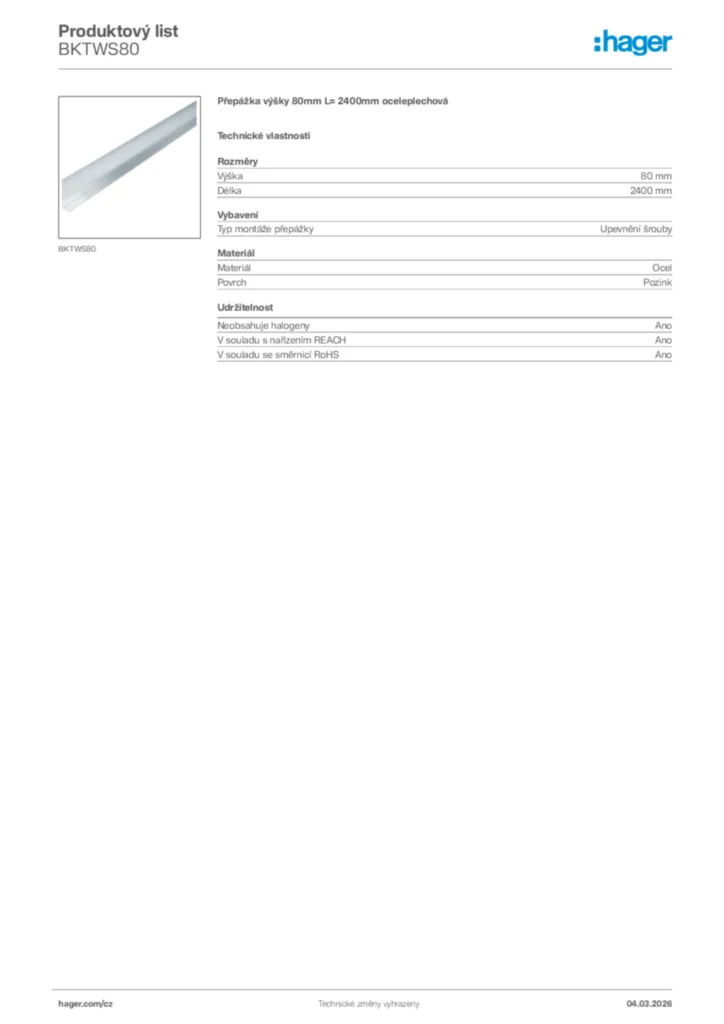 Obrázek Hager Product data sheet BKTWS80 | Hager
