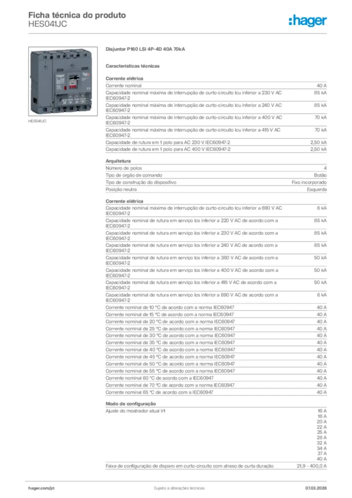 Imagem Hager Ficha técnica do produto HES041JC | Hager Portugal