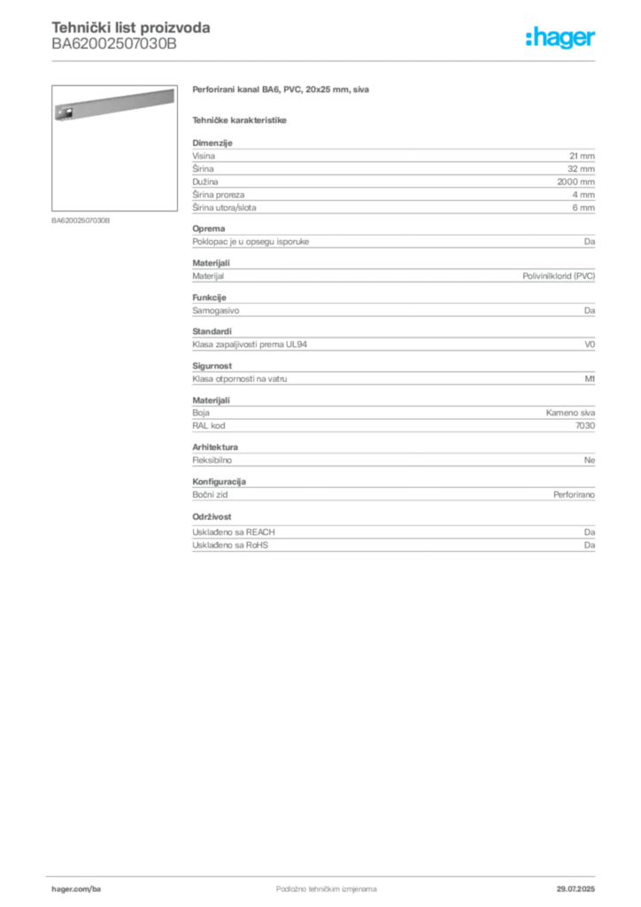 Slika Hager Product data sheet BA62002507030B  | Hager