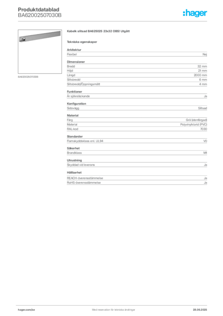 Bild Hager Produktdatablad BA62002507030B | Hager Sverige