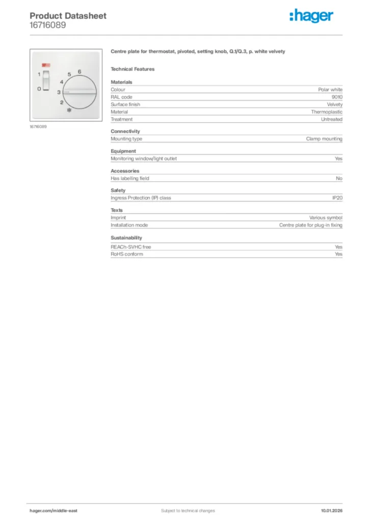 Image Hager Product data sheet 16716089  | Hager