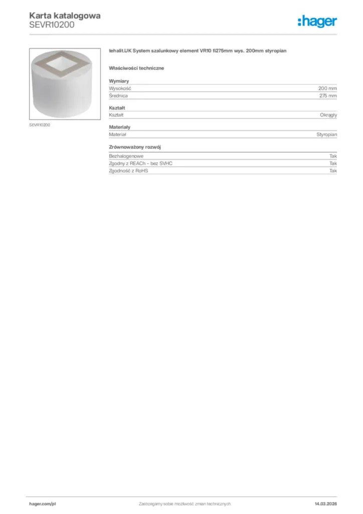 Zdjęcie Hager Karta katalogowa SEVR10200 | Hager Polska