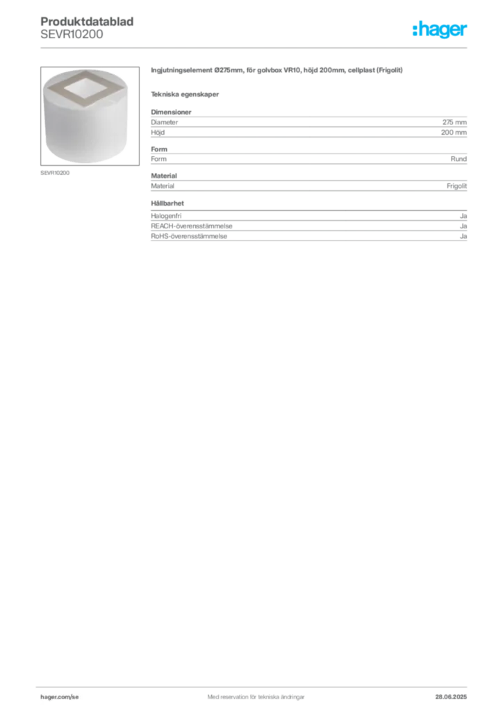 Bild Hager Produktdatablad SEVR10200 | Hager Sverige