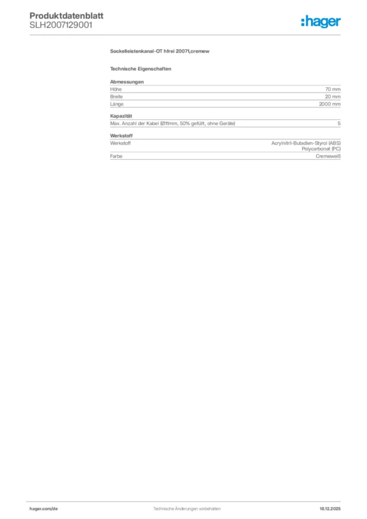 Bild Hager Produktdatenblatt SLH2007129001 | Hager Deutschland