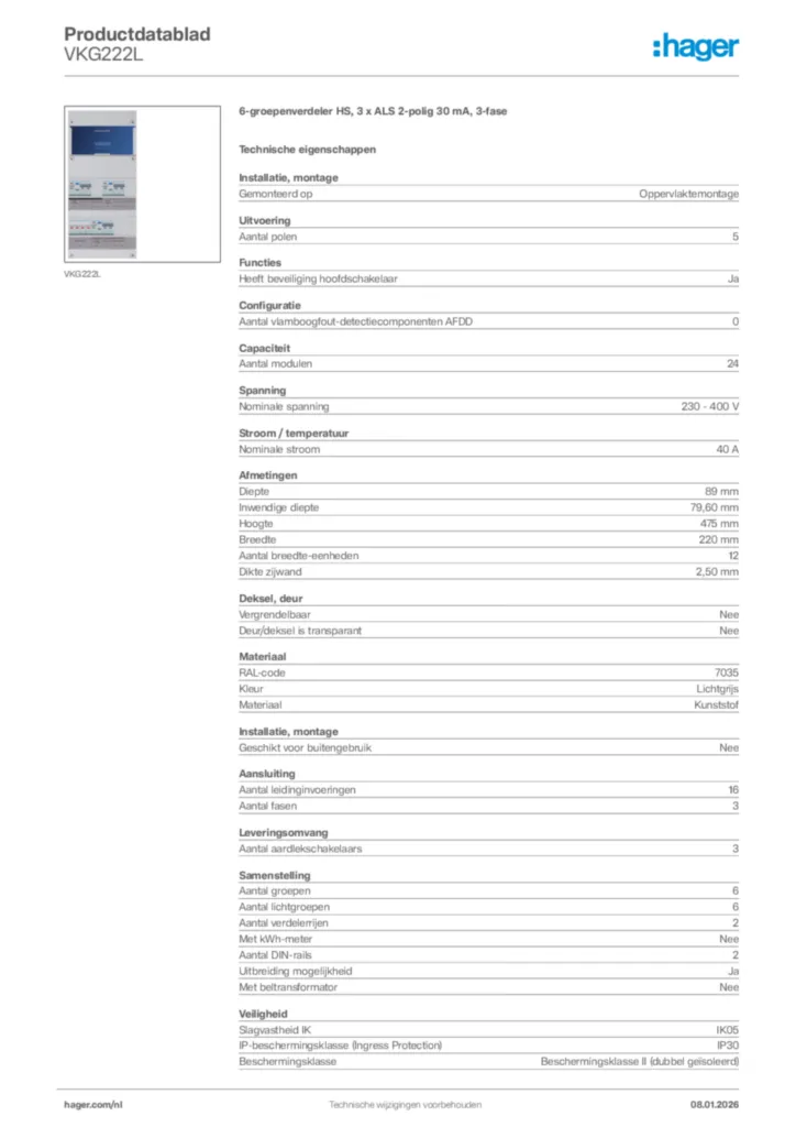 Afbeelding Hager Productdatablad VKG222L | Hager Nederland