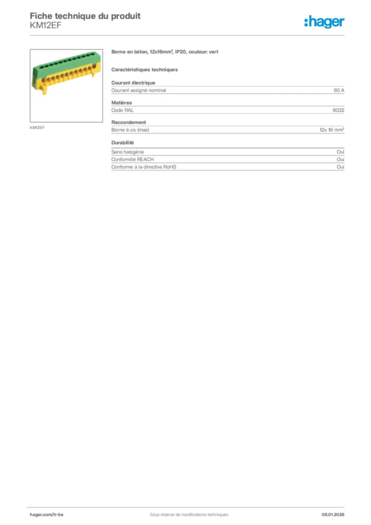 Image Hager Fiche technique du produit KM12EF | Hager Belgique