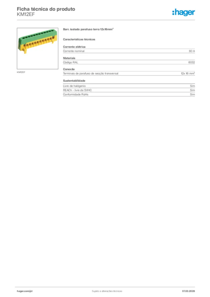 Imagem Hager Ficha técnica do produto KM12EF | Hager Portugal