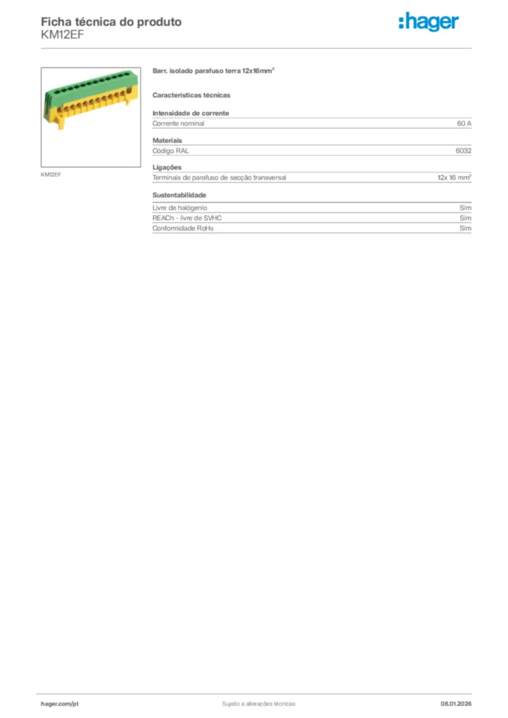Imagem Hager Ficha técnica do produto KM12EF | Hager Portugal