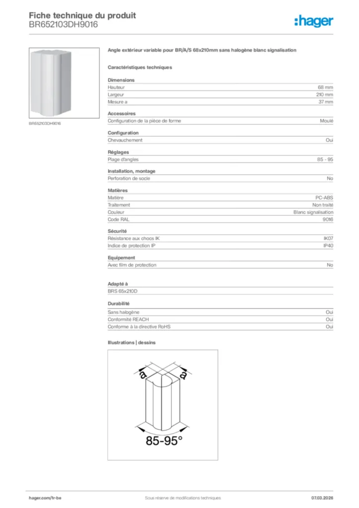 Image Hager Fiche technique du produit BR652103DH9016 | Hager Belgique