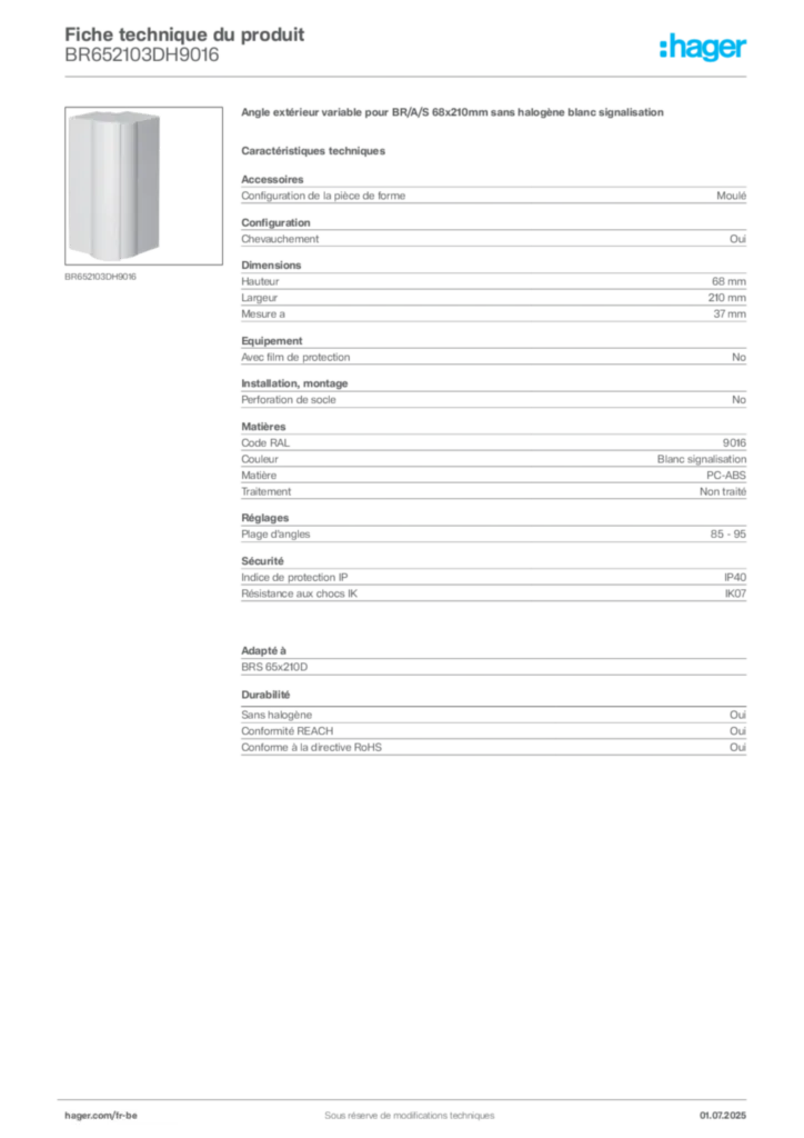 Image Hager Fiche technique du produit BR652103DH9016 | Hager Belgique