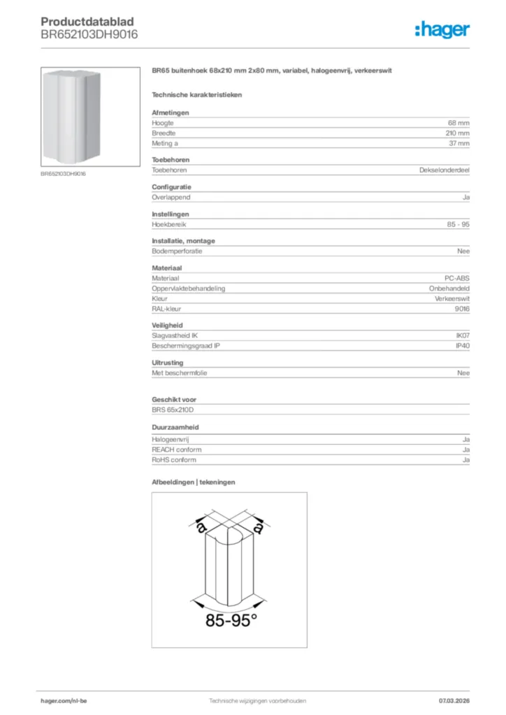 Afbeelding Hager Productdatablad BR652103DH9016 | Hager Belgium
