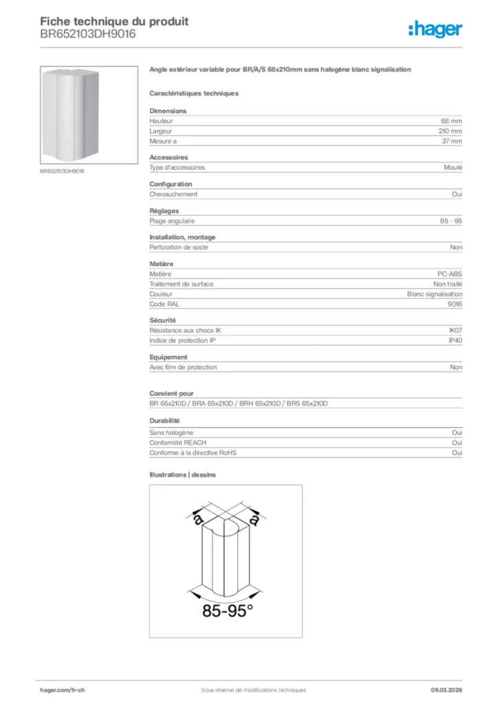 Image Hager Fiche technique du produit BR652103DH9016 | Hager Suisse