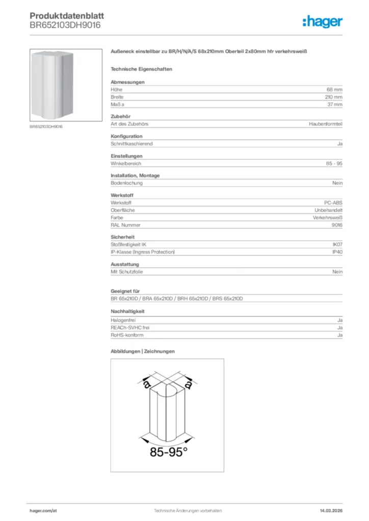 Bild Hager Produktdatenblatt BR652103DH9016 | Hager Deutschland