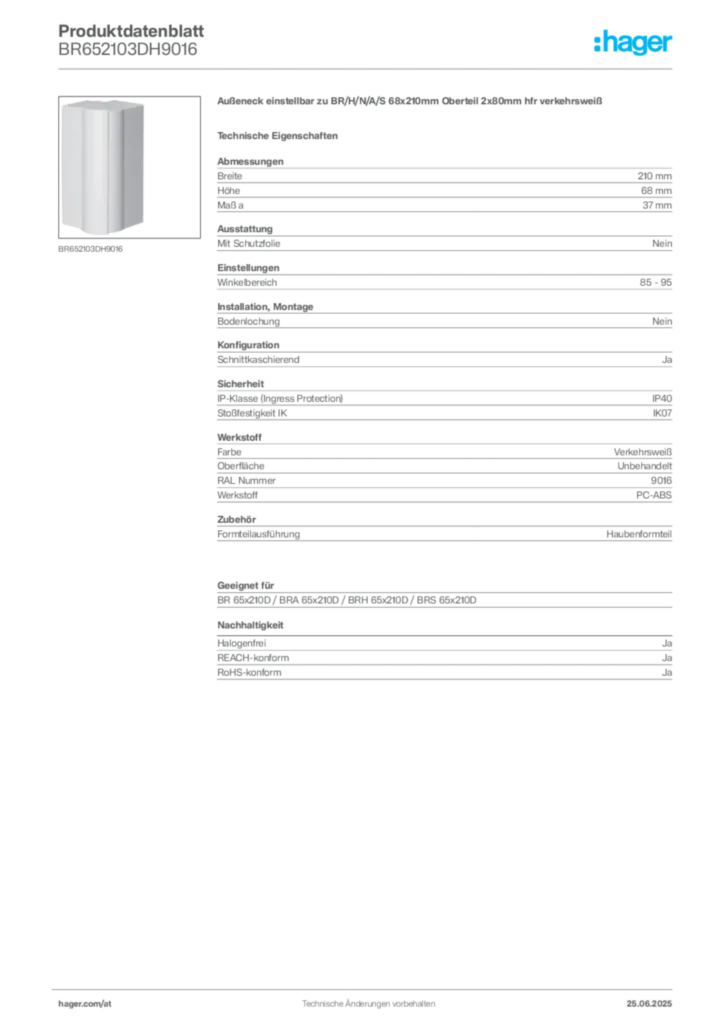 Bild Hager Produktdatenblatt BR652103DH9016 | Hager Deutschland