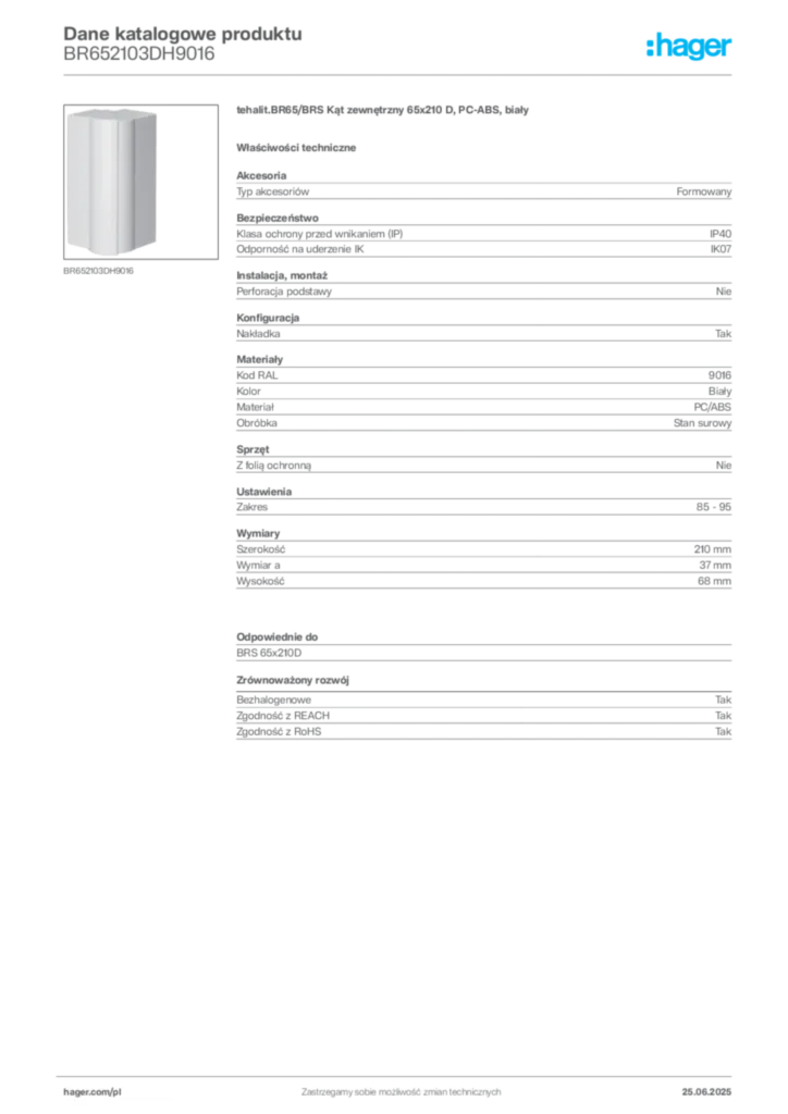 Zdjęcie Hager Karta katalogowa BR652103DH9016 | Hager Polska