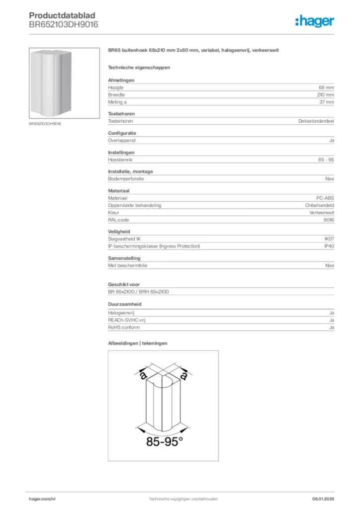 Afbeelding Hager Productdatablad BR652103DH9016 | Hager Nederland