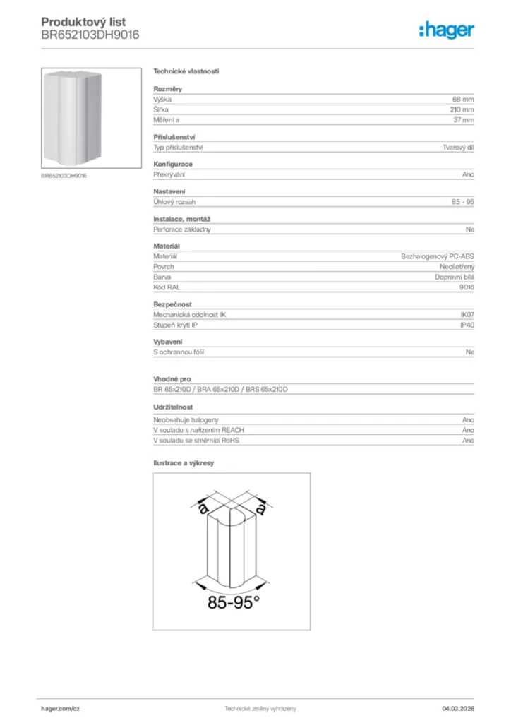 Obrázek Hager Product data sheet BR652103DH9016 | Hager