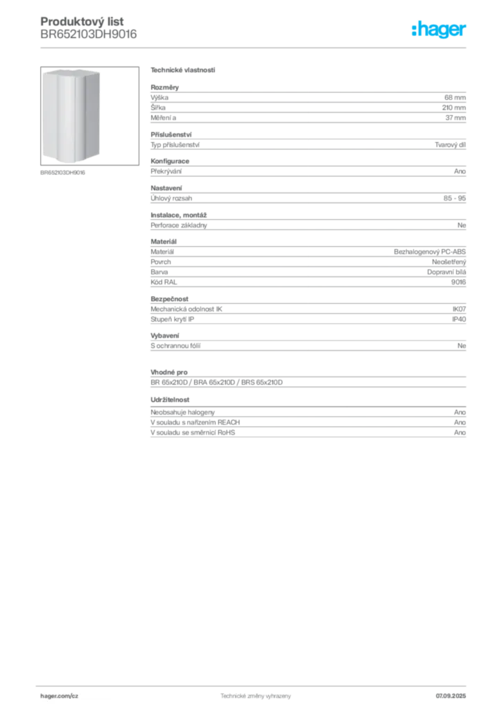 Obrázek Hager Produktový list BR652103DH9016 | Hager