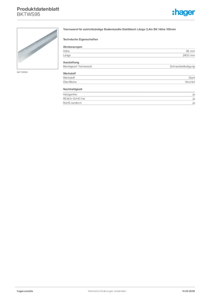 Bild Hager Produktdatenblatt BKTWS95 | Hager Deutschland