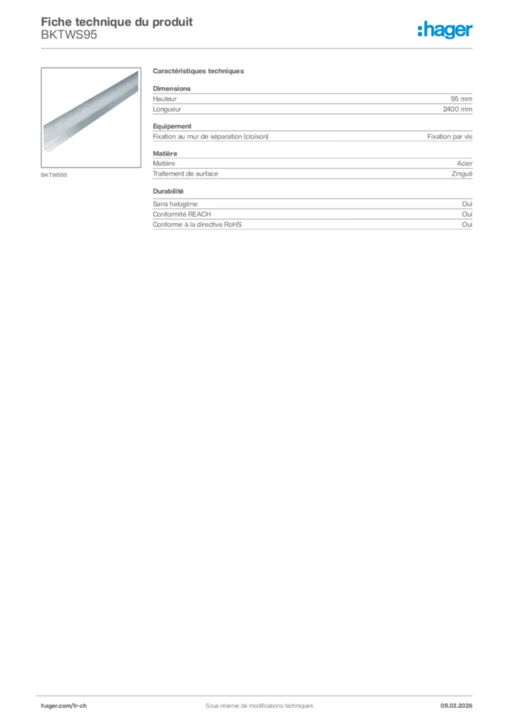Image Hager Fiche technique du produit BKTWS95 | Hager Suisse