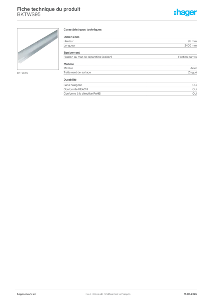 Image Hager Fiche technique du produit BKTWS95 | Hager Suisse