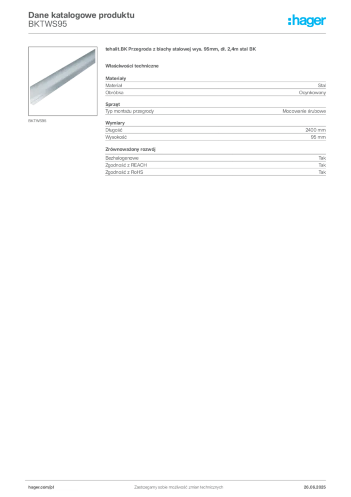 Zdjęcie Hager Karta katalogowa BKTWS95 | Hager Polska