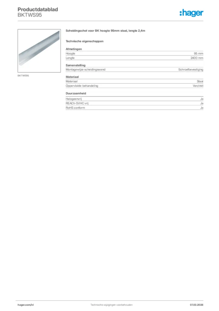 Afbeelding Hager Productdatablad BKTWS95 | Hager Nederland
