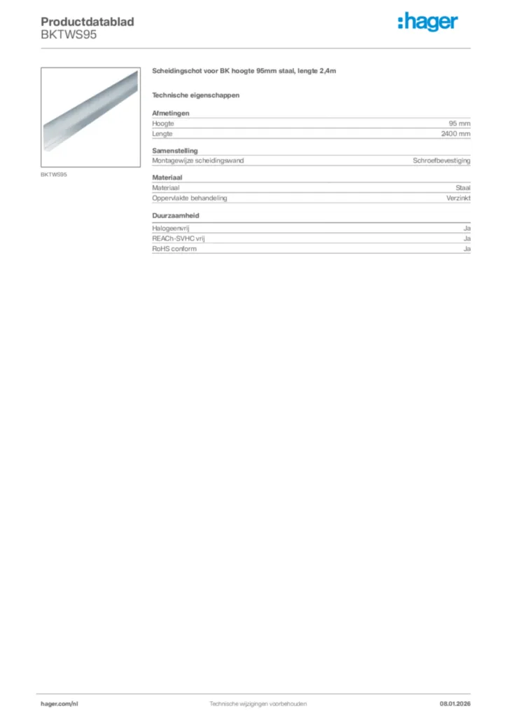 Afbeelding Hager Productdatablad BKTWS95 | Hager Nederland